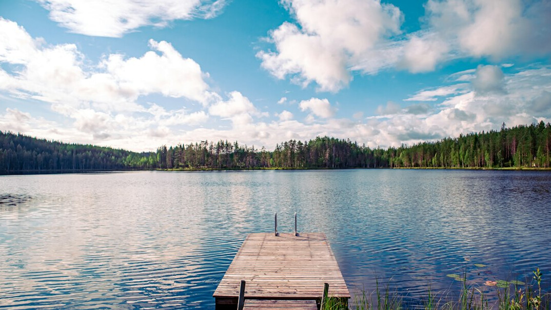 Calm lake with a wooden pier surrounded by forest