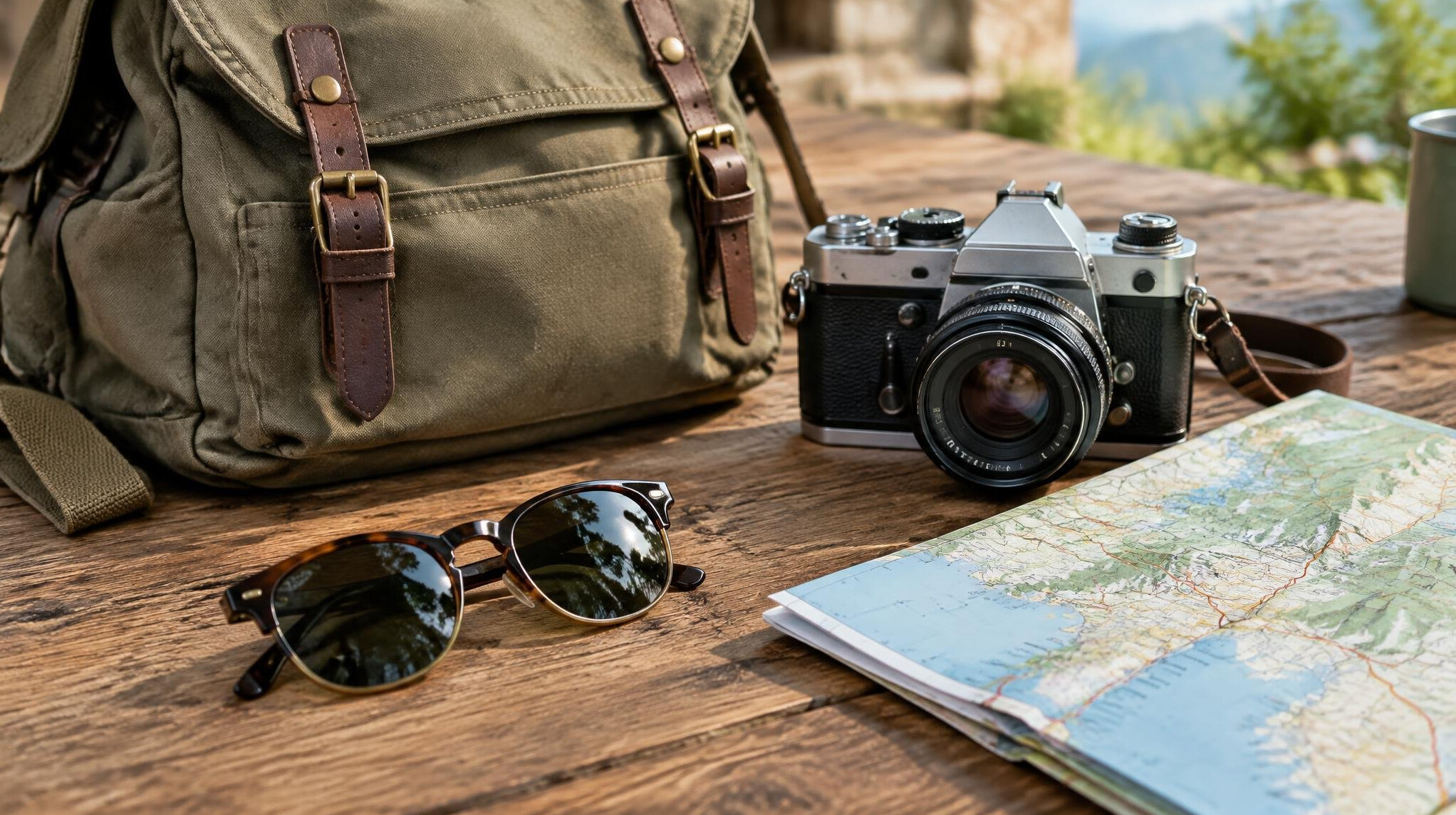 Backpack, camera and map on a wooden surface ready for a trip